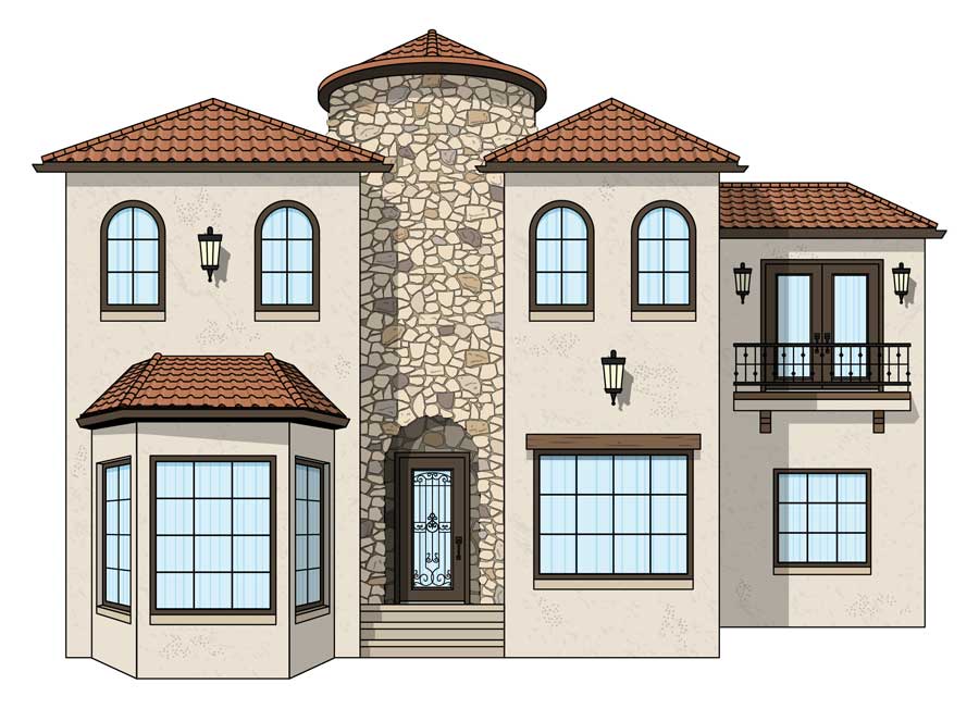Spanish Architectural design displaying four single Hung Full Eyebrow Windows in Tudor Brow. The house is light cream color with a spanish type ceramic reddish brown roof. Has a castle type look in all stone with the front door off set. I has a bay window and double french style doors. The image is a painted drawing.