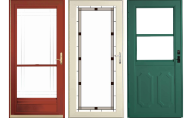Dark red storm door, netural color storm door with stained glass and a dark green storm door with glass in the middle of each. In all there are 3 storm doors.