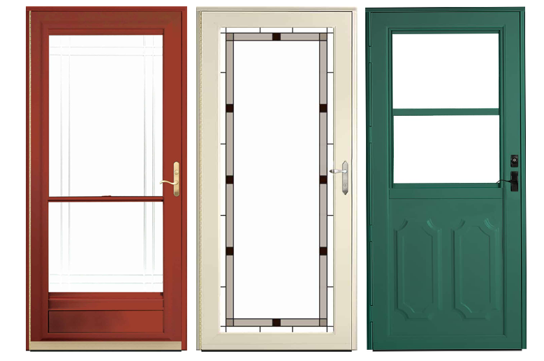 Dark red storm door, netural color storm door with stained glass and a dark green storm door with glass in the middle of each. In all there are 3 storm doors.