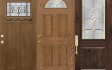 Showing three woodgrain ProVia fiberglass entry doors. Brands are Embarq, Signet, and Heritage from ProVia. Order and request install from Cornerstone Home Improvements.