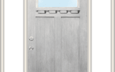 Showing the outside of a ProVia entry door from their Envision App. The door is a gray variation with a window in the top middle and sidelights on each side of the door.